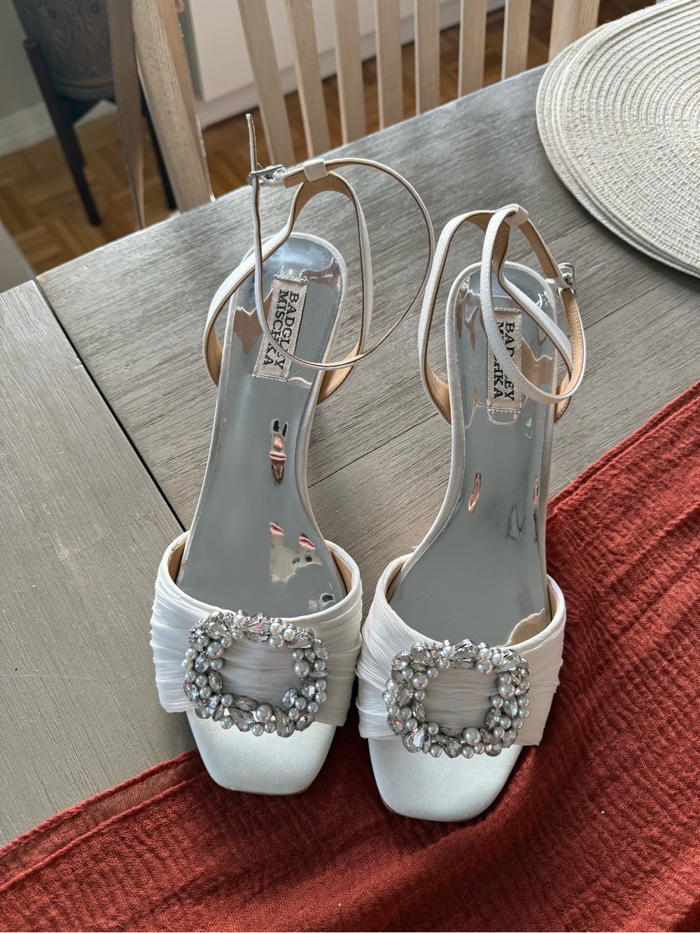 Badgley Mischka White Satin Open-Toe Heels with Crystal Buckles